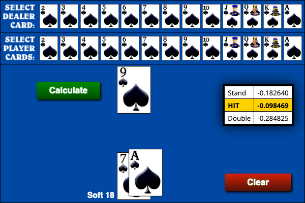 Wizard of Odds Blackjack Hand Calculator Dealer 9 against soft 18